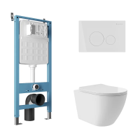 Комплект Aqueduto AQDS183T Унитаз подвесной Ovo Plus безободковый, с микролифтом, смыв Tornado + Система инсталляции для унитазов Tecnica Novo + Кнопка смыва Circulo Novo белая глянцевая