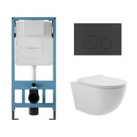 Комплект Aqueduto AQDS020: инсталляция Tecnica, кнопка Circulo - черный матовый, унитаз OVO безободковый, сиденье с микролифтом, белый глянцевый