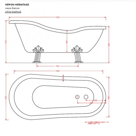 акриловая ванна artceram hermitage 170х80 см, hew001 71 ножки хром