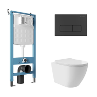 Комплект Aqueduto AQDS126Т Унитаз подвесной Ovo Plus безободковый, с микролифтом, смыв Tornado + Система инсталляции для унитазов Tecnica Novo + Кнопка смыва Forma черная матовая