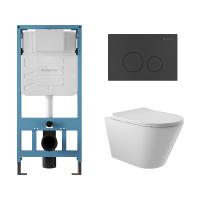 Комплект Aqueduto AQDS005: инсталляция Tecnica, кнопка Circulo - черный матовый, унитаз Cone безободковый, сиденье с микролифтом, белый глянцевый