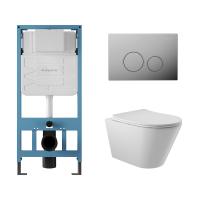 Комплект Aqueduto AQDS008: инсталляция Tecnica, кнопка Circulo - хром, унитаз Cone безободковый, сиденье с микролифтом, белый глянцевый