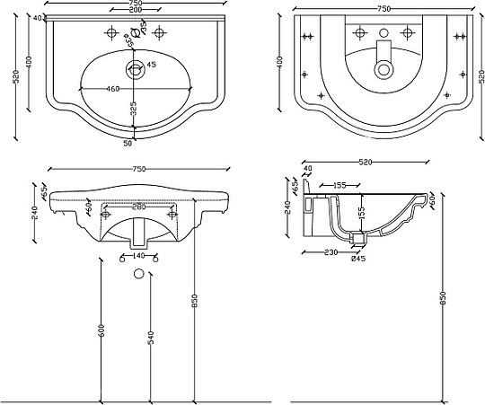 раковина полувстраиваемая galassia ethos 75 см 8433 - 3 отверстия