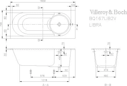 квариловая ванна villeroy & boch libra 160x70 ubq167lib2v-01