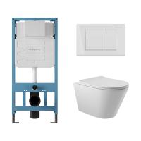 Комплект Aqueduto AQDS011: инсталляция Tecnica, кнопка Quadrado - белый глянцевый, унитаз Cone безободковый, сиденье с микролифтом, белый глянцевый