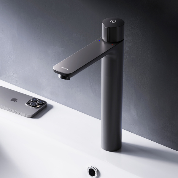 смеситель для раковины am.pm x-joy f85a92522 нажимной touchreel, высокий, черный матовый