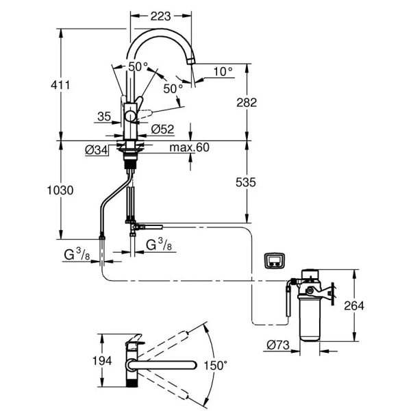 смеситель для кухни grohe blue pure startcurve 30593000 с фильтром, хром