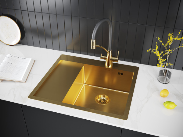 кухонная мойка paulmark kroner 59f pm225951-bgr, правая, цвет золотой матовый.