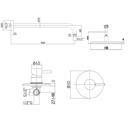 душевой комплект paffoni light kitlig011crking 30 см, хром глянцевый