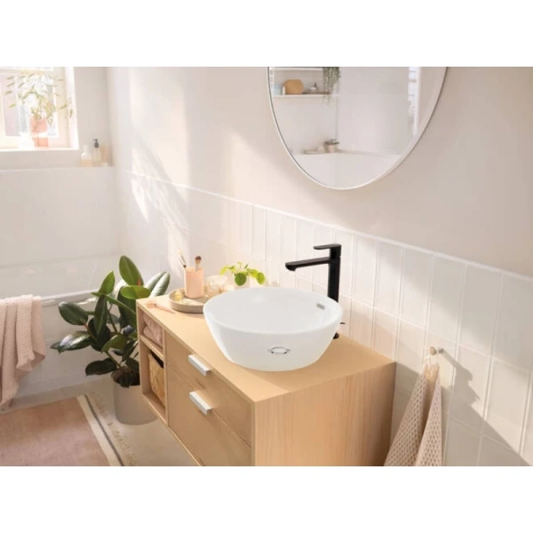 смеситель hansgrohe rebris s 72580670 для раковины, coolstart, с донным клапаном, высокий h30.3 см, излив 16.9 см, черный матовый