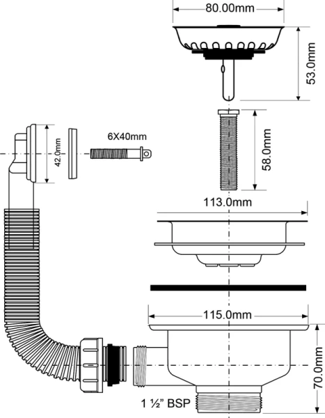 слив-перелив для кухонной мойки mcalpine or2-113s 45 мм, хром, без гидрозатвора