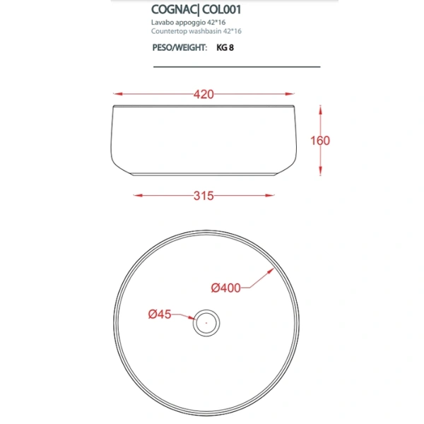 раковина artceram cognac col001 05 00 накладная, без отв., без перелива, на столешницу, saniglaze, ø42xh16 см, белая матовый