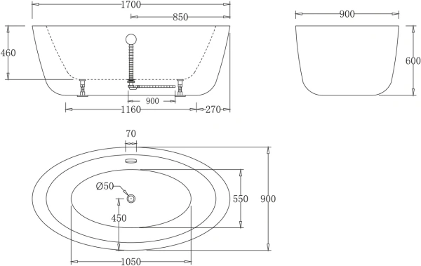 акриловая ванна belbagno bb67 170x90 без гидромассажа