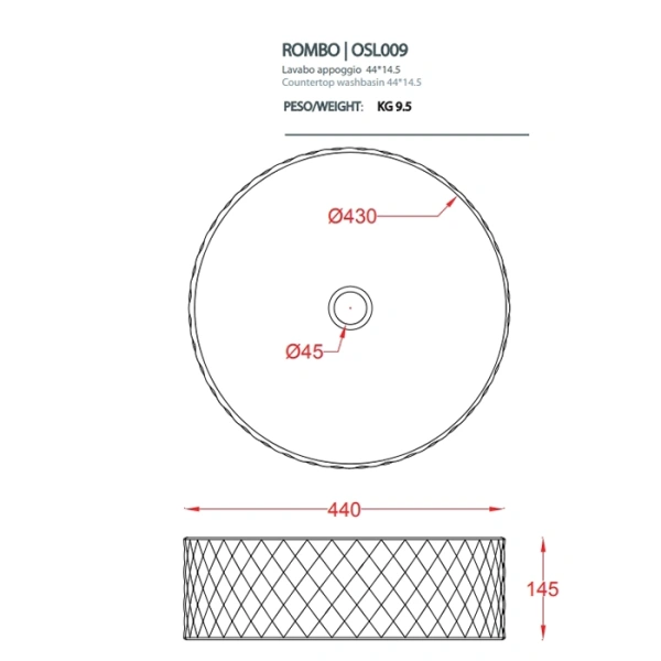 раковина накладная 44 см artceram rombo osl009 03 00, цвет черный.