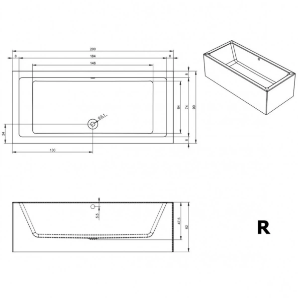 акриловая ванна riho lugo 200х90 r b137014005 (bd7100500000000) без гидромассажа
