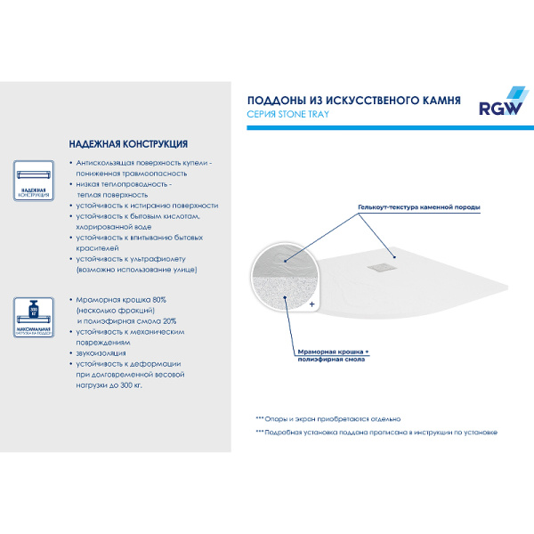 душевой поддон из искусственного камня rgw stone st/r-w 100×100 16153100-01 белый