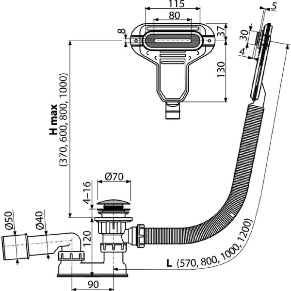 слив-перелив для ванны alcaplast a516ckm-120