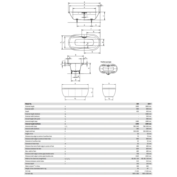 стальная ванна 180х90 см kaldewei mega duo oval 184 с покрытием anti-slip и easy-clean