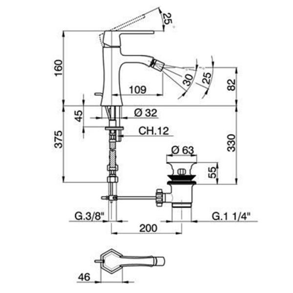 cisal cherie смеситель для биде, на 1 отв., с донным клапаном, цвет: золото