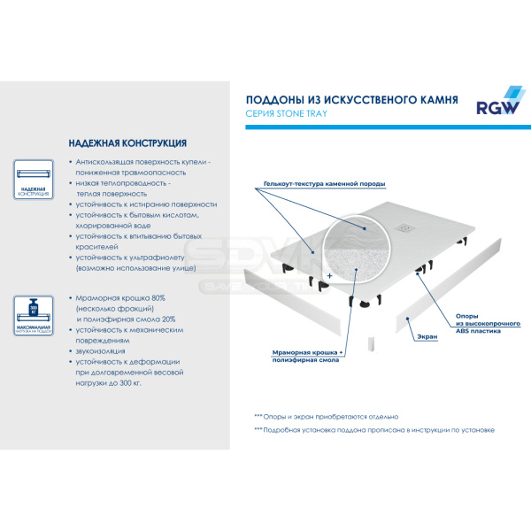 душевой поддон из искусственного камня rgw stt st-0099w 90×90x2,5 белый