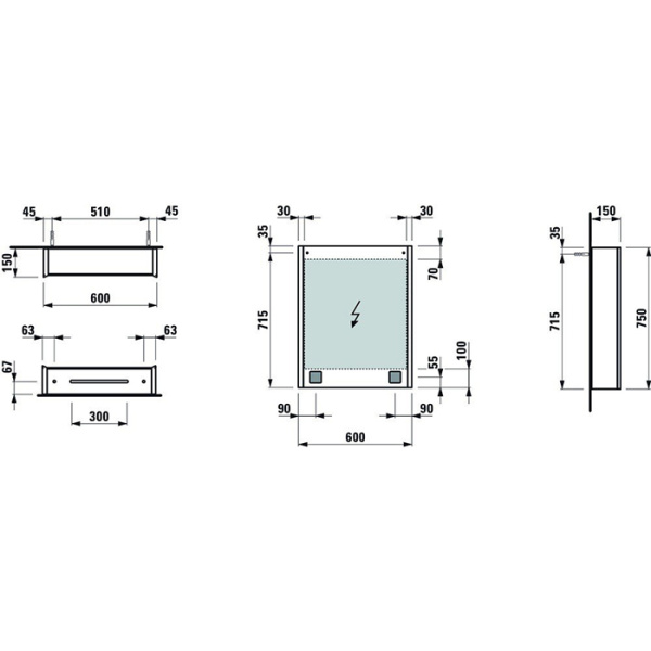 laufen laufen frame 25 шкаф зеркальный 60x15x75cм., алюминий, 1 дверца с зеркалом с 2х сторон, dx, сенс. выкл., 2 розетки, 2 верт-х эл-та led-подсветки (регул-ая яркость), с окружающим освещением (внизу)