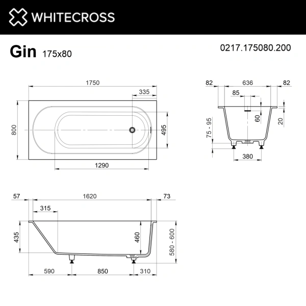 ванна whitecross gin 0217.175080.200 встраиваемая, с регулируемыми ножками и сифоном, композит, 175x80 см, белая матовая