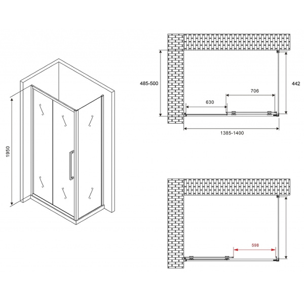 душевой уголок abber schwarzer diamant 140x50 ag30140bхh-s50b профиль черный, стекло прозрачное