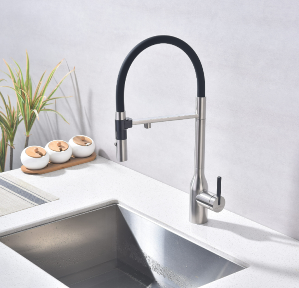 смеситель для кухни paulmark magneto one ma213188-bs, с гибким изливом, цвет брашированная сталь, излив черный