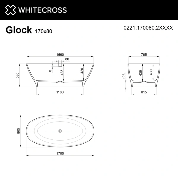 ванна whitecross glock 0221.170080.2xxxx отдельностоящая, композит, 170x80 см, перелив по центру, по ral