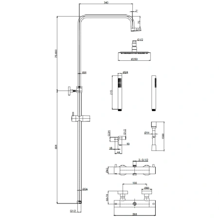 душевая система aquame aqm8006gg 250 мм, с термостатом, золотой