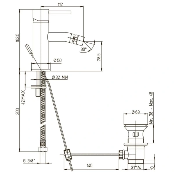 смеситель paini cox 78cr306 для биде, с донным клапаном, хром