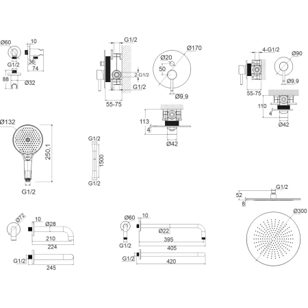 душевой комплект whitecross y yset07topbl 300 мм, со смесителем, черный матовый