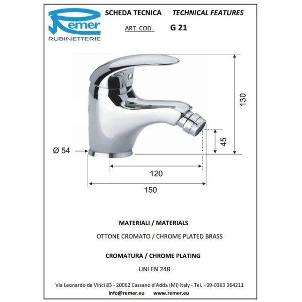 смеситель remer giga g21 для биде, без донного клапана, хром