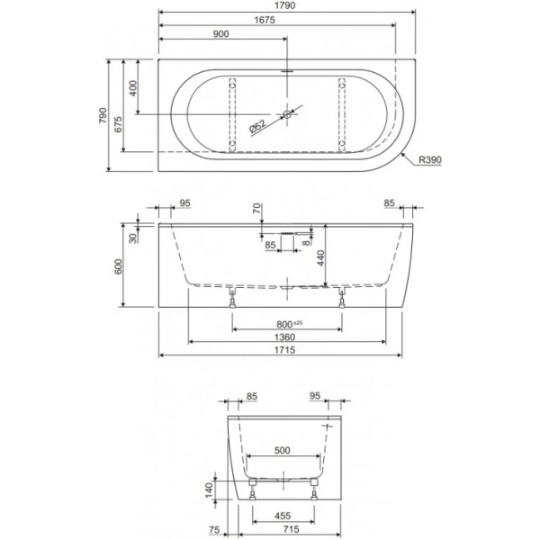 акриловая ванна cezares slim 179x79 l slim corner-180-80-60-l-nero-set без гидромассажа