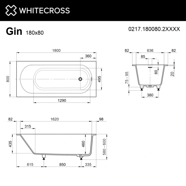 ванна whitecross gin 0217.180080.2xxxx встраиваемая, с регулируемыми ножками и сифоном, композит, 180x80 см, по ral матовый