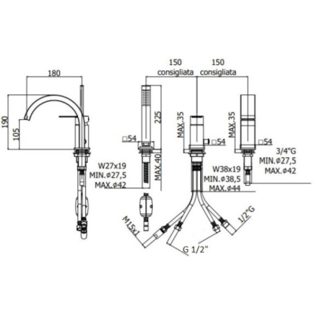смеситель paffoni tango ta040cr на борт ванны, на 3 отверстия, с душем, излив каскад, хром глянцевый