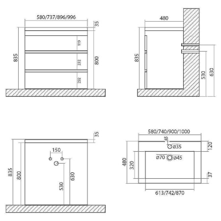 тумба под раковину art&max family напольная с тремя выкатными ящиками, cemento veneto, 1000x480x845,