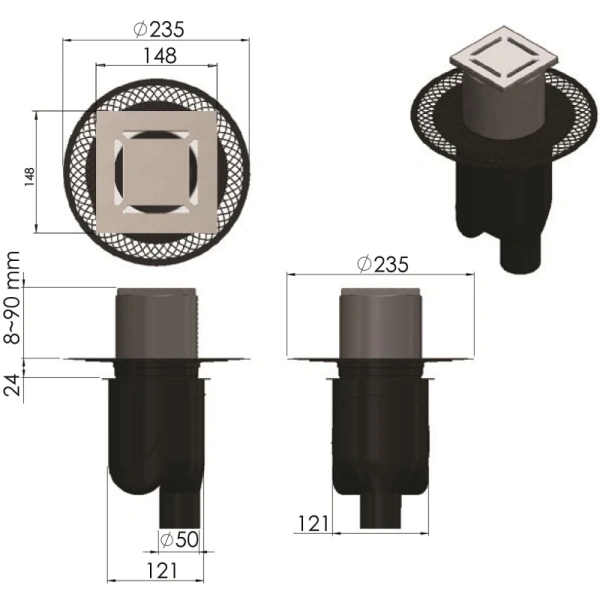 душевой трап berges platz norma 150x150 090059 с решеткой хром матовый