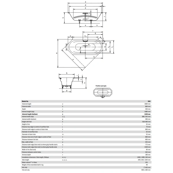 стальная ванна 180х80 см kaldewei vaio duo 8 953 standard