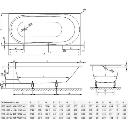 стальная ванна bette comodo 1250-000 170x75 см