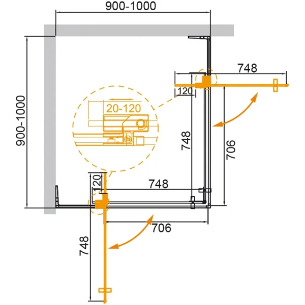 душевой уголок cezares slider slider-a-2-90/100-br-boro 90-100x90-100 см, профиль золотой матовый, стекло бронза