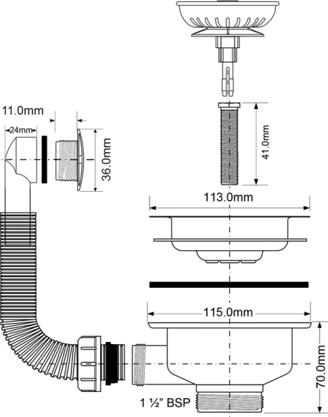 слив-перелив для кухонной мойки mcalpine of2-113scl 45 мм, хром, без гидрозатвора