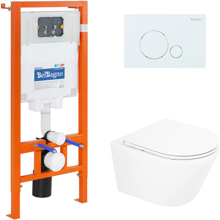 Комплект унитаза с инсталляцией BelBagno Tre BB8001CHR/SC/BB002-80/BB014-SR-BIANCO с сиденьем микролифт и Белой клавишей смыва