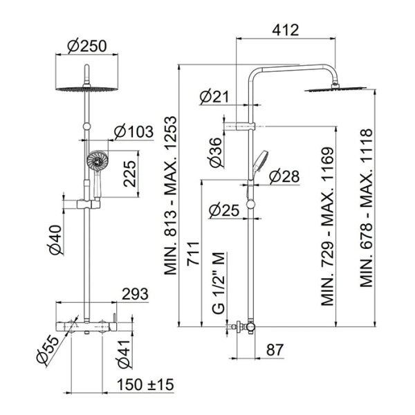 душевая система kerama marazzi nota 8236km.21.018 с ручным душем на 5 режимов и смесителем механическим, цвет: хром