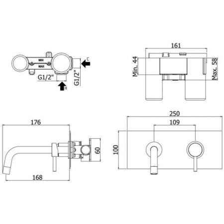 смеситель paffoni light lig101no/m для раковины, без донного клапана, встраиваемый, с внутренней частью, излив 17.5 см, черный матовый