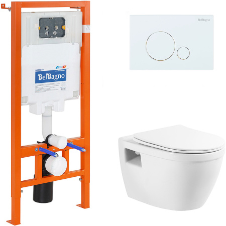 Комплект унитаза с инсталляцией BelBagno Loto BB070CHR/SC/BB002-80/BB014-SR-BIANCO с сиденьем микролифт и Белой клавишей смыва