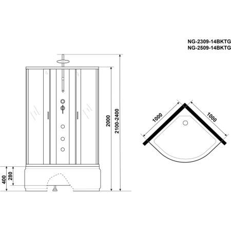 душевая кабина niagara classic ng-2309-14bktg 100x100 см, с гидромассажем и тропическим душем