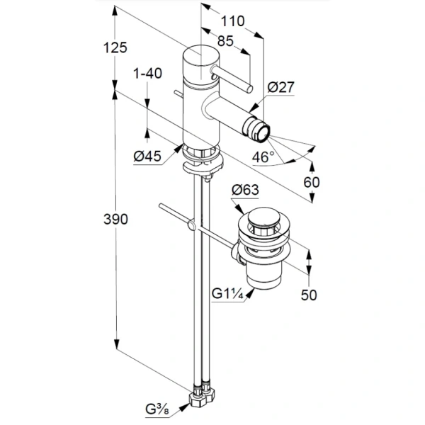 смеситель kludi bozz 385333976 для биде, с донным клапаном, черный матовый