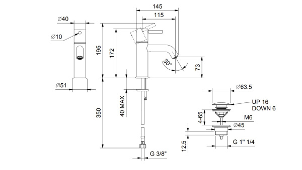 смеситель fantini nostromo 50 p6 e804f для раковины, 1 отв., с донным клапаном, излив 115 мм, цвет matt british gold pvd