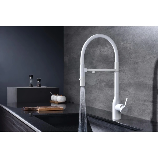 смеситель для кухни paulmark magneto one ma213188-wh, с гибким изливом, цвет белый